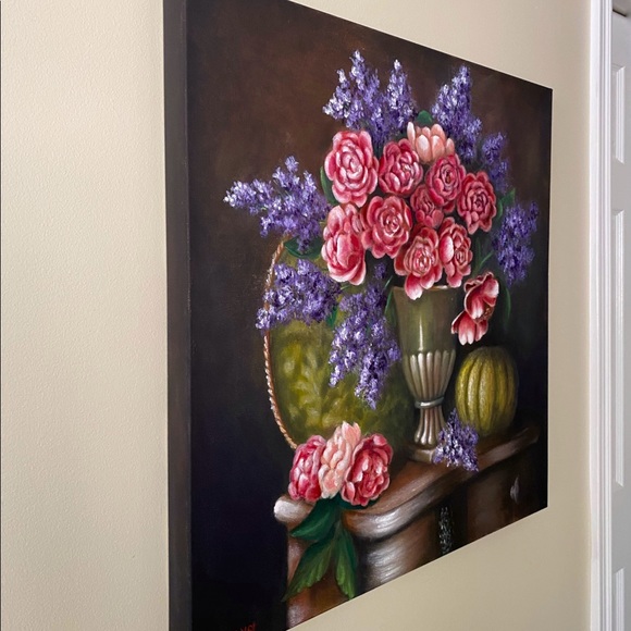 Giclee still life pink roses flowers in the vase floral print on wrapped canvas - Picture 2 of 5